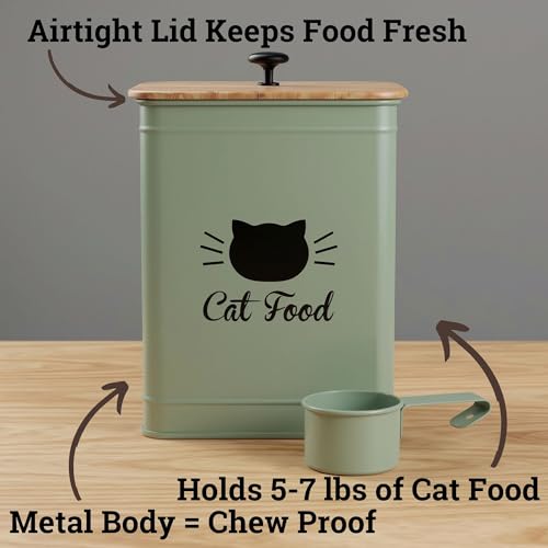 Cat Food Storage Container with Scoop - 5-7lb (25 Cup) Capacity Metal Cat Kibble Canister with Airtight Bamboo Lid and Metal Scoop - Airtight Pet Food Storage Containers 5 lb - 7 lb Kibble Container - color: Sage Green