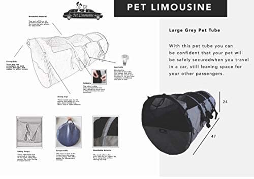 Pet Tube Soft Car Crate Large Kennel The Safe Dog and Cat Travel Mobile Home Pet Limo with Seat Belts and Storage Bag 47Lx24H Grey Color