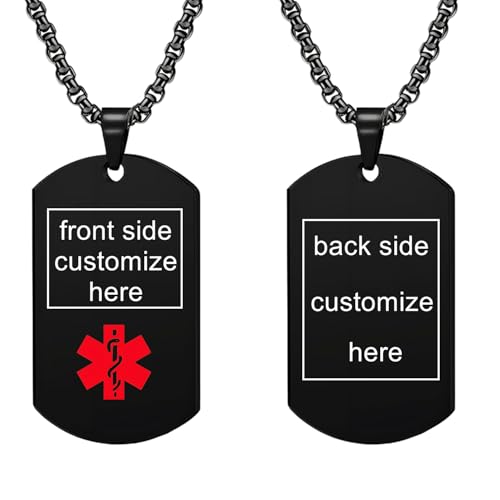 Personalized Medical Alert Necklace Laser engraved ID Tag Custom Engraving Stainless Steel Dog Tag Pendant for Men Women - color: Black