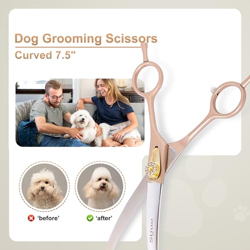 7.5'' Curved Dog Grooming Scissors, Professional 440C Stainless Steel Pet Grooming Shears with Silencer for Dogs and Cats, Sharp & Ergonomic Hair Trimming Scissors for Face, Paws & Body - size: 7.5‘’, style: Curved