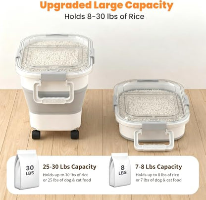 30 Lbs Rice Storage Container with Wheels, Collapsible Airtight Food Storage Container with Transparent Lid, Measuring Cup, Scoop, Handle, BPA Free Rice Holder for Pet Food, Grain, and Bird Seed - color: Clear/30lbs