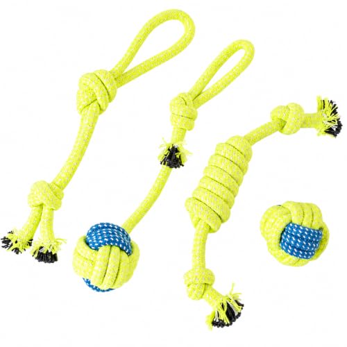 Durable Cotton Rope Dog Toys 7 Piece Set, Tough Chew Knot Balls for Teeth Cleaning, Interactive Tug and Fetch Toys for Small Medium Large Dogs, Indoor Outdoor Play - color: Fruit green four-piece set