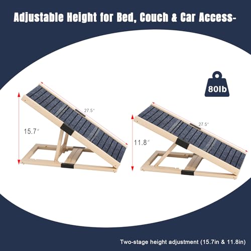 Adjustable Wooden Dog Ramp for Small Dogs, 27.6" Long x 11.8" Wide Portable Pet Ramp for Couch, Sofa, Anti-Slip Carpet, Lightweight Foldable Indoor Outdoor Travel Dog Ramp - size: 27.6"L x 11.8"W