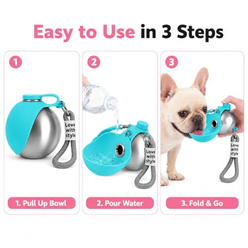 Portable Dog Water Bottle, 10 oz Stainless Steel Pet Travel Dispenser with Silicone Foldable Bowl, Leak Proof Tumbler, Dog Walking Accessories for Hiking and Small Pets (Blue) - color: Blue
