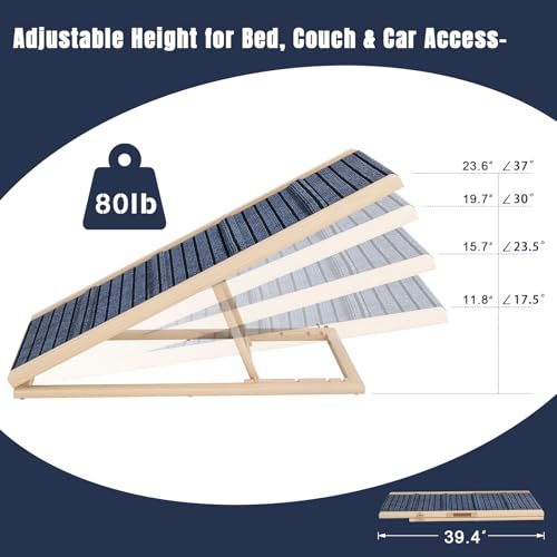 Adjustable Wooden Dog Ramp for Small & Medium Dogs, 39.4" Long x 15.8" Wide Portable Pet Ramp for Bed, Couch, Sofa & Car, Anti-Slip Carpet, Lightweight Foldable Indoor Outdoor Travel Dog Ramp - size: 39.4"L x 15.8"W
