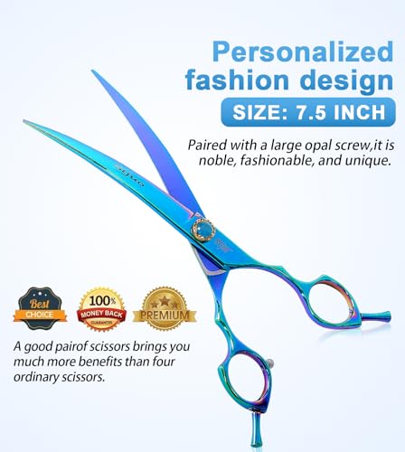 7.5'' Dog Curved Scissors for Grooming, Professional 440C Stainless Steel Pet Trimming Shears with Silent Buffer, Sharp Grooming Scissors for Sensitive Dogs, Cats, Face & Paws (Green) - style: Curved