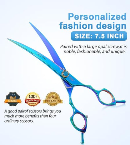 7.5'' Dog Curved Scissors for Grooming, Professional 440C Stainless Steel Pet Trimming Shears with Silent Buffer, Sharp Grooming Scissors for Sensitive Dogs, Cats, Face & Paws (Green) - style: Curved