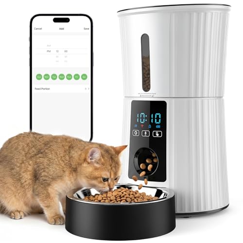 NEWBULIG 4L Automatic Cat Feeder with APP Control, 2.4G WiFi Timed Pet Feeders for Dry Food, 10 Meals/Day, 50 Portions/Meal, Dog Food Dispenser with 10s Voice Recorder, Dual Power Supply, White - color: White, size: 4 L - WiFi