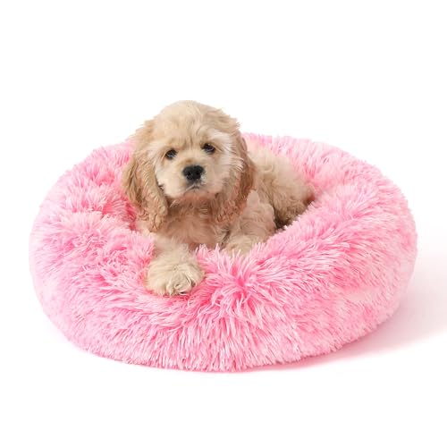 NOYAL Calming Donut Dog Bed for Small to Medium Dogs & Cats - Plush Faux Fur Anti-Anxiety Pet Bed with Machine Washable Cover & Non-Slip Base - color: Gradient Pink, size: X-Small 15.7''