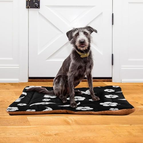 Black White Hibiscus Pattern Pet Bed Mat for Dogs and Cats, Soft Washable Crate Pad with Non-Slip Bottom, Cozy Bed Cushion for Small Medium Large Pets, 24x36 Inch - size: Medium