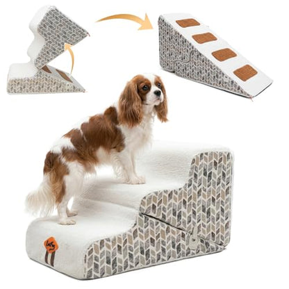 Laifug Pet Dog Stairs for Small Dogs 16.5" H, 2 in 1 Transformable 3-Step Pet Stairs and Dog Ramp for Couch (13-20 in), Beige Adjustable Pet Steps with Non-Slip Waterproof Cover - size: 2 in 1 15.7"x26.7"x16.5"（3-layer ）