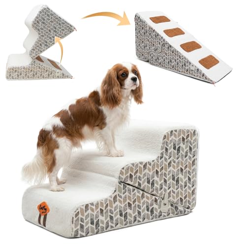Laifug Pet Dog Stairs for Small Dogs 16.5" H, 2 in 1 Transformable 3-Step Pet Stairs and Dog Ramp for Couch (13-20 in), Beige Adjustable Pet Steps with Non-Slip Waterproof Cover - size: 2 in 1 15.7"x26.7"x16.5"（3-layer ）