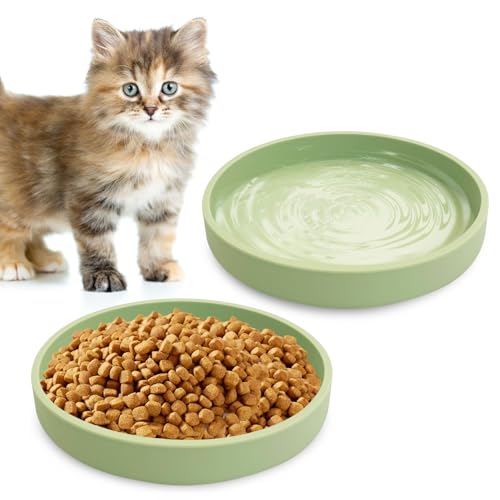 Silicone Cat Food Bowls Shallow Cat Dishes 5.9in Wide Pet Plates Set of 2 Small Flat Dog Saucer Bowl Cute Whisker Fatigue Kitten Feeding Dish for Dry & Wet Food (Round Bean Green) - color: Bean Green, size: M: 5.9 inches - without Suction Cup