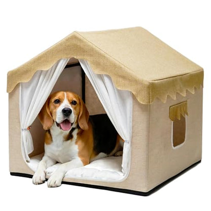 Indoor Dog House, Breeze Pet Tent with Sturdy Frame & Window, Dog Cave Bed with Washable Cover for Small-Medium Dogs (18-40 lb), 25", Cream - size: L (25"×25"×25")