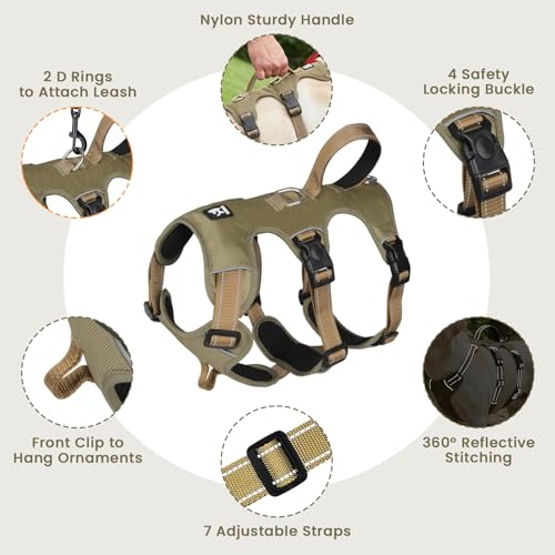 Escape Proof Dog Harness and Leash Set,Soft Padded Full Body Pet Harness, No Pull Reflective Adjustable Dog Vest with Handle, Easy Control Dog Harness for Medium Large Dogs Training Walking Running - color: Khaki, size: L