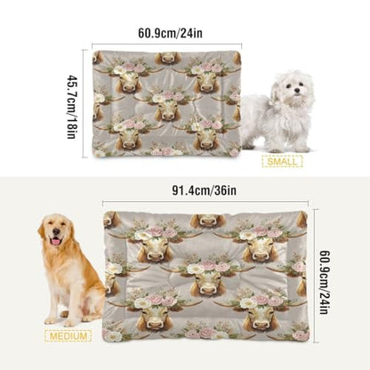 Floral Cow Pattern Pet Bed Mat for Dogs and Cats, Soft Washable Crate Pad with Non-Slip Bottom, Cozy Bed Cushion for Small Medium Large Pets, 24x36 Inch - size: Medium