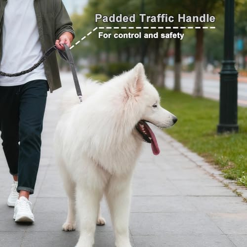 5FT Bungee Dog Leash with 2 Handles, Reflective Nylon Traffic Leash | Shock Absorbing Lead Strong for Large Medium Dogs Anti-Pull Training Walking Controlling Comfortable Padded Handle, Black - color: Black