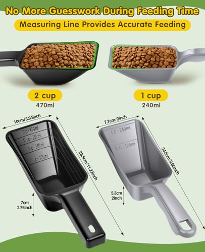 2 Pack Dog Food Scoop with 1 Cup and 2 Cup Capacity, Plastic Pet Food Measuring Scoops with Clear Measurement Lines for Dogs, Cats & More,Dishwasher safe (Grey and Black) - color: Grey and Black
