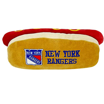 Pets First NHL New York Rangers HOT Dog Plush Dog & CAT Squeak Toy - Cutest HOT-Dog Snack Plush Toy for Dogs & Cats with Inner Squeaker & Beautiful Hockey Team Name/Logo 8 x 5 x 3 Inches - color: New York Rangers, style: NHL Hot Dog Toy