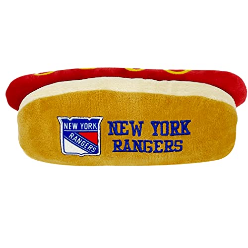 Pets First NHL New York Rangers HOT Dog Plush Dog & CAT Squeak Toy - Cutest HOT-Dog Snack Plush Toy for Dogs & Cats with Inner Squeaker & Beautiful Hockey Team Name/Logo 8 x 5 x 3 Inches - color: New York Rangers, style: NHL Hot Dog Toy