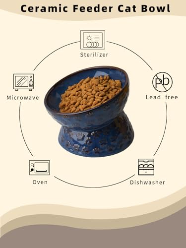 GDCZ Ceramic Tilted Elevated Cat Bowl, for Fat Faced Cat, Kitten (Blue) | 15° Tilted Elevated Design,5oz Small Meal Capacity,Chin-Friendly Ceramic,Paw Print - color: Blue