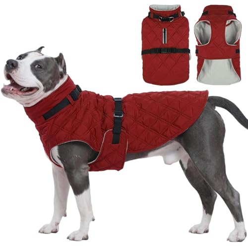 Kuoser Dog Coat Warm Fleece Lining Turtleneck Dog Jacket with Harness Built-in, Adjustable Windproof Cold Weather Coats with Quick Release Buckle Pet Winter Snowsuit for Large Dogs, Red XL - color: Red, size: X-large (Chest Girth: 29.9")