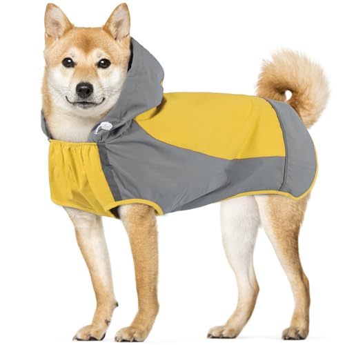 IECOii Large Dog Raincoat Waterproof,Hooded Rain Jacket Keep Dog Dry in Wet Weather,Reflective Rain Poncho Clothes with Convenient Leash Hole/Adjustable Magic Sticker/Easy On and Off/,Yellow,Large - color: Yellow, size: Large