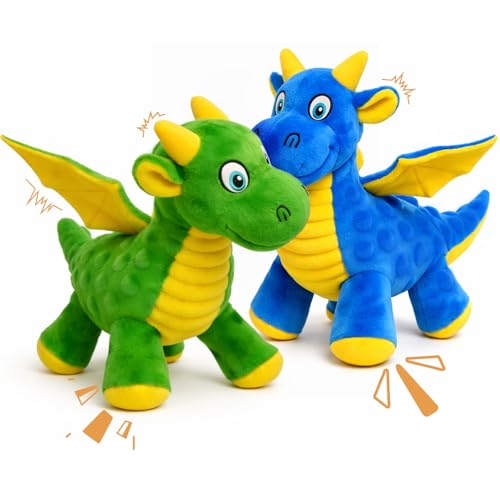 Squeaky Dog Toys - 2 Pack Soft Plush Dragon Dog Toys with 5 Squeakers in Head & Feet, Crinkle Wings, Cute Dog Toys for Small Medium and Gentle Large Dogs (Green & Blue,10") - color: Green & Blue