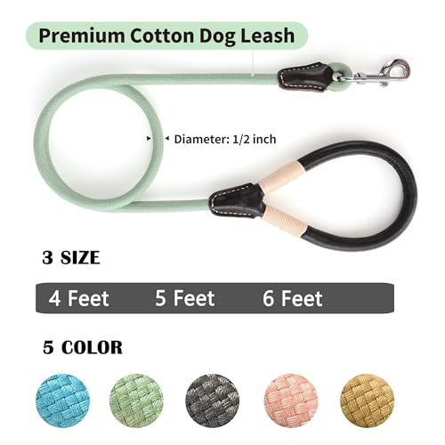 Mile High Life Dog Leash, Rope Leash with Genuine Leather Connection and Heavy Duty Metal Clasp, Great for Small Medium Large Dogs(Green,48 Inch) - color: Leather Handle-Light Green, size: 48 Inch-1/2"