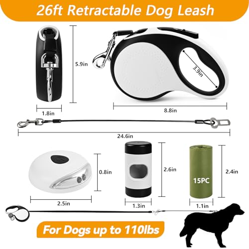 Heavy Duty Retractable Dog Leash for Large Dogs, 26ft Dog Leash with Poop Bag Holder, Up to 110lbs, chew Proof Cable, LED Light, 360° No-Tangle, One-Handed Pause & Locked (White, L 26ft) - color: White