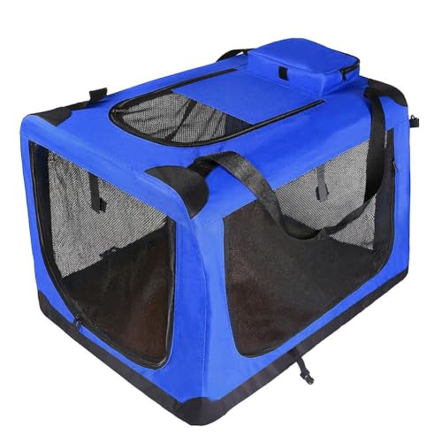 4 Door Foldable Collapsible Dog Crate Portable Travel Cage Oxford Fabric Carrying Bag Fleece Bed Storage Pockets Kennel Large Medium Small,Blue,XXS - color: Blue, size: XXS