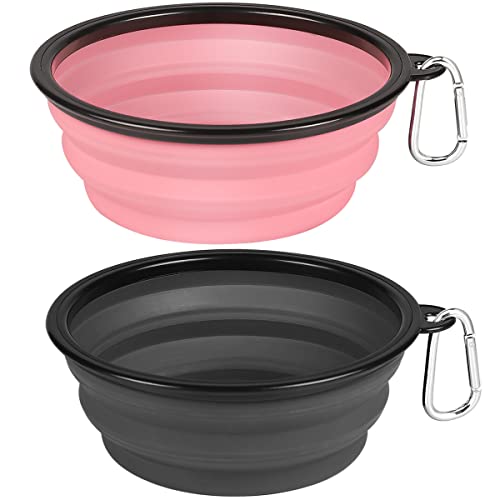 Kytely Large Collapsible Dog Bowls 2 Pack, 34oz Foldable Dog Travel Bowl, Portable Pet Water Food Bowl with Clasp, Pet Cat Feeding Cup Dish for Traveling, Walking, Hiking (Pink+Grey) - color: Grey & Pink