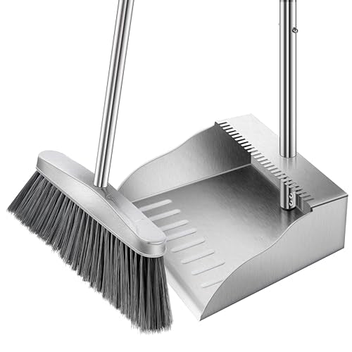 Metal Broom with Dustpan Combo Set-Long Handle Broom with Dustpan,Heavy Duty Standing Dust Pan & Soft Bristles Brooms,Indoor Outdoor Dust Pan Brooms for Home Office Lobby Floor - size: Dustpan and broom 36*35 in