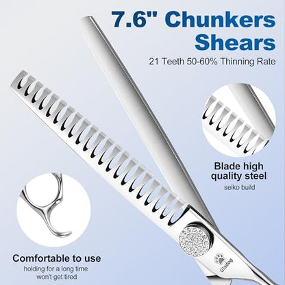 GLADOG 럭셔리 강아지 그루밍 가위 세트 - 17.8cm(7인치) 스트레이트, 16.5cm(6.5인치) 얇음, 17.8cm(7인치) 청커, 17.8cm(7인치) 곡선 - 9CR 스틸, 실버 럭스, 오른손, 플라스틱 손잡이, 4개입 - style: 프리미엄 세트