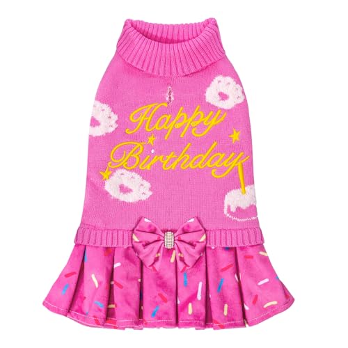 CuteBone Pink Dog Sweater Dress Happy Birthday Pet Sweater Sweaters for Large Dogs with Bowtie Pullover Pupply Clothes Cats Clothes - color: Happy Birthday, size: Large