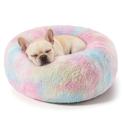 Dog Calming Beds for Small Medium Large Dogs - Round Donut Washable Puppy Dog Bed, Anti-Slip Faux Fur Fluffy Donut Cuddle Anxiety Cat Pet Bed(20'' Color) - color: Colorful, size: 20"L x 20"W x 8"Th