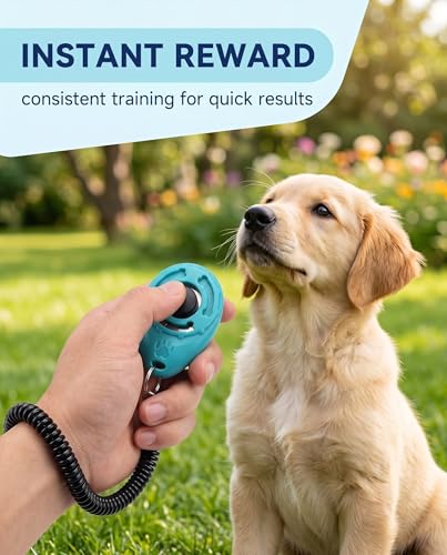 Dog Training Clicker with Coiled Wrist Strap and Metal Clip, Ergonomic Audible Marker for Puppy Obedience, Bone Pattern Design, Durable Plastic, Black and Teal Colors