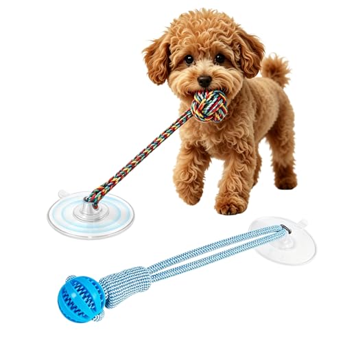 2PCS Dog Tug of War Toy with Suction Cup, Interactive Dog Toy, Pet Cotton Rope with Treat Food Dispensing Ball, Puppy Teething Toys for Chewers