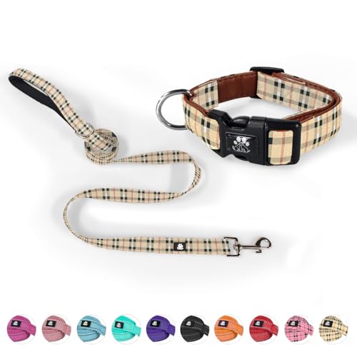 NESTROAD Dog Collar and Leash Set,Soft Neoprene Pet Collar with Quick Release Buckle,Adjustable Nylon Dog Collars for Small Medium Large Dogs(Small,Cherecked Beige) - color: Checkered Beige, size: Small