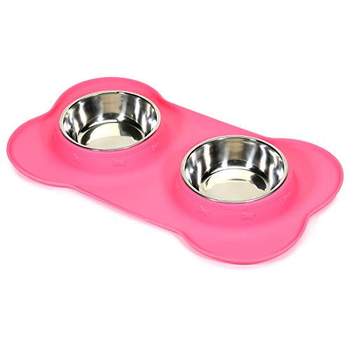 AsFrost Dog Food Bowls Stainless Steel Pet Bowls & Dog Water Bowls with No-Spill and Non-Skid, Feeder Bowls with Dog Bowl Mat for Dogs Cats and Pets-Pink, 24 0z in Total - color: Pink, size: 1½ Cup/12 oz each