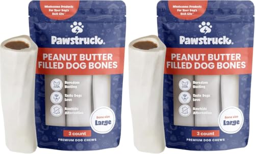 Pawstruck Large 5-6" Filled Dog Bones, Peanut Butter Flavor - Made in USA, Long Lasting Stuffed Femur for Aggressive Chewers, Dental Treat - Pack of 6, Packaging May Vary - size: 6 Pack