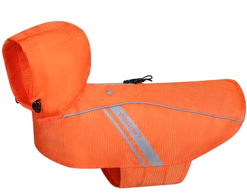 VIVAGLORY Dog Raincoat Wetoff Dog Rain Coat, XXS, Orange | Rain Jacket with Hood & Harness Hole, Waterproof & Lightweight for Puppy Doggy Pet - color: Orange, size: XXS (13"-15" chest girth)