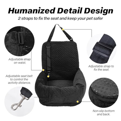 Dog Car Seat for Small Medium Dogs Pet Up to 40 lbs Black | Detachable Washable, Soft Pet Booster Travel Bed for Front & Seat with Safety Leash Belt - color: Black