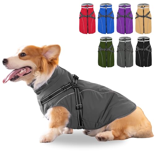 Fragralley Dog Coat with Harness Built in, Waterproof Windproof Reflective Warm Puffer Jacket, Fleece Lined Vest Winter Parka for Small, Medium, Large Dogs - color: Grey, size: Large