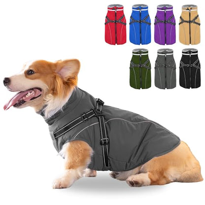 Fragralley Dog Coat with Harness Built in, Waterproof Windproof Reflective Warm Puffer Jacket, Fleece Lined Vest Winter Parka for Small, Medium, Large Dogs - color: Grey, size: Small