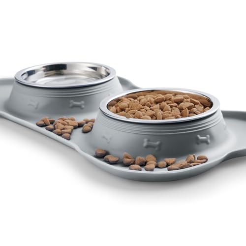 Hubulk Pet Dog Bowls 2 Stainless Steel with No Spill Non-Skid Silicone Mat + Pet Food Scoop Water and Food Feeder Bowls for Feeding Small Medium Large Dogs Cats Puppies ( Gray) - color: Gray, size: Small