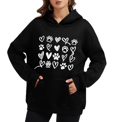 Womens Dog Paw Hoodie-Long Sleeve Pullover Fleece Lined Dog Mom Sweatshirts with Pocket - color: A-black, size: XX-Large