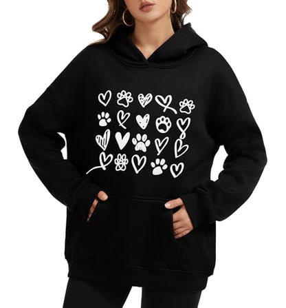 Womens Dog Paw Hoodie-Long Sleeve Pullover Fleece Lined Dog Mom Sweatshirts with Pocket - color: A-black, size: Large