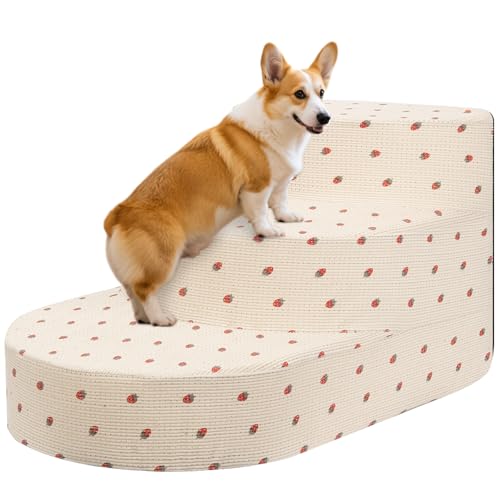 Dog Stairs 3 Steps Foam Pet Ramp for Small Dogs Cats, Strawberry | Non-slip foam stairs with washable cover, ideal for beds & sofas. Sturdy, safe & easy to clean. - color: Strawberry-3-Step
