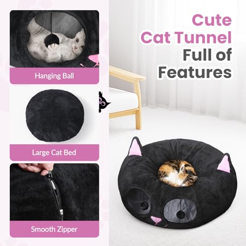 Cat Tunnel Bed for Indoor Cats, Peekaboo Cat Cave with Washable Soft Play Mat, Furry Cat Tube, for Kitten/Puppy/Rabbit, Kitten Series Black Pink - color: Black Pink